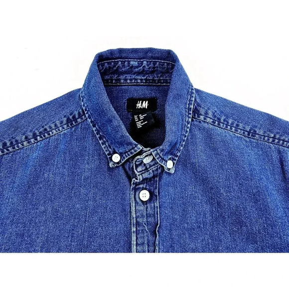 H&M Size XS Men's Blue Denim Button Down Long Sleeve Cotton Pocket Shirt - Picture 9 of 9